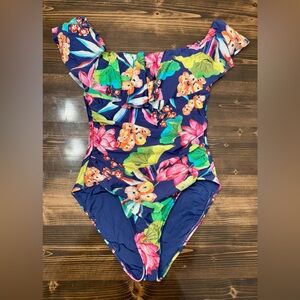 La Blanca Ruffle Off Shpulder One Piece Swimsuit - Navy Tropical Floral Size 6
